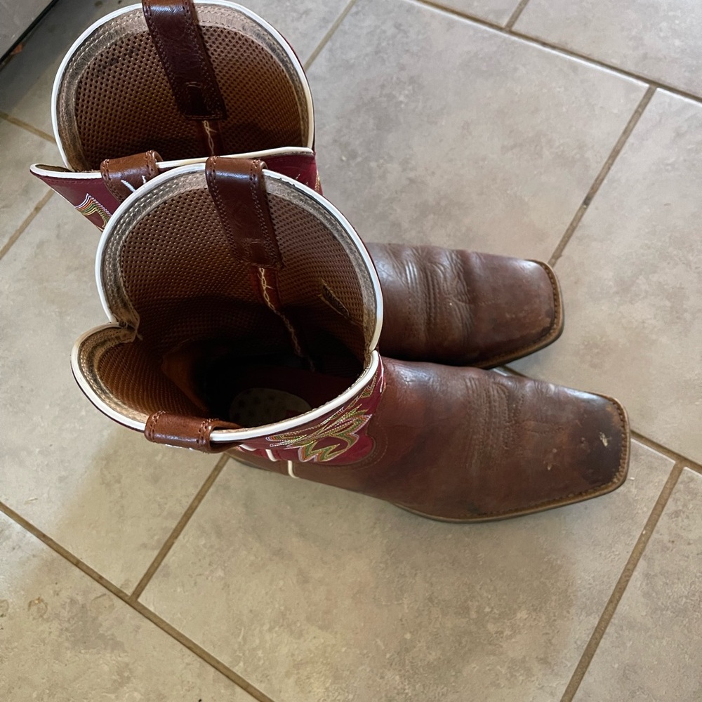 Twisted X Brown Leather Cowboy Boots with Pink & Green Stitching